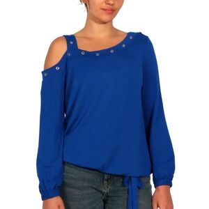 Fever True Blue Asymmetric One Shoulder Grommet Detail Long Sleeve Top Size XL